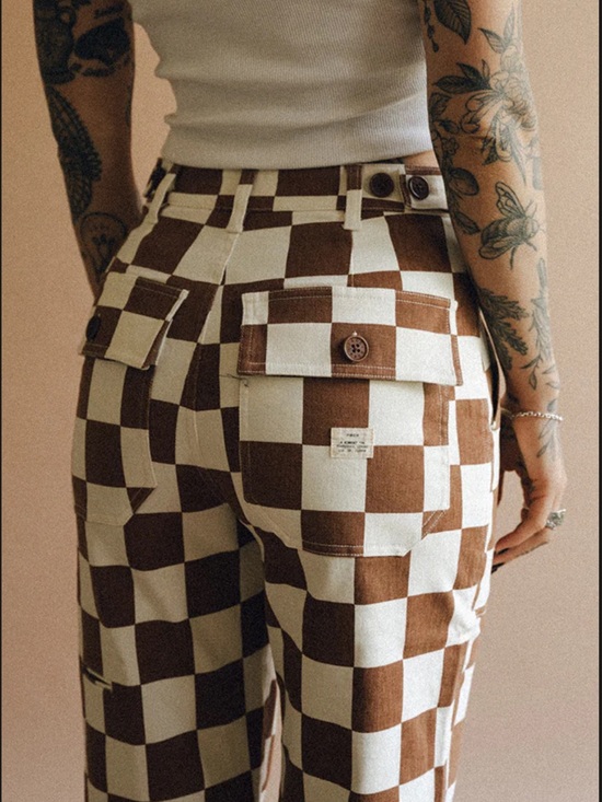P&Co Pants - Checkerboard Straight Leg Cargo Pants - Brown & Cream